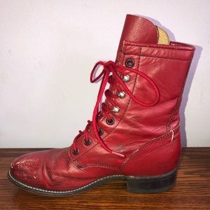 Red leather combat boots